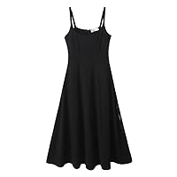 French Mid-Length Strap Dress for Women, Square Collar, Slim Waist, Black Long Dress, Size, Spring and Summer