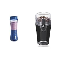 Hamilton Beach Personal Smoothie Blender With 14 Oz Travel Cup And Lid, Blue 51132 & Fresh Grind Electric Coffee Grinder for Beans, Spices and More, Stainless Steel Blades, Black