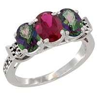 10K White Gold Enhanced Ruby & Natural Mystic Topaz Sides Ring 3-Stone Oval 7x5 mm Diamond Accent, sizes 5 - 10