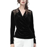 French Style V-Neck Black Velour Blouse Women Off Shoulder Embroidered Lace Hollow Bottoming Top Shirts