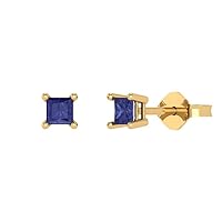 0.50 ct Princess Cut Solitaire Genuine Simulated Blue Tanzanite Pair of Designer Stud Earrings 14k Yellow Gold Push Back
