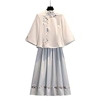 Womens Qipao Suit,Embroidered Cheongsam Tops and Skirt Set,Chinese Style Elegant Hanfu Tang Suit