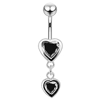 CZ Crystal Stone Two Heart Dangling 925 Sterling Silver Belly Ring Body Jewelry