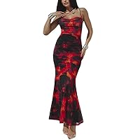 Women Sexy Lace See Through Long Dress Bodycon Spaghetti Strap Sheer Mesh Maxi Dress Y2K Club Cocktail Split Dress
