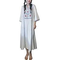 Women's Autumn Ethnic Retro Dress with Hand Embroidered V-Neck Cotton and Linen Long Skirt