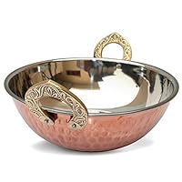 1 Piece Indian Copper Serveware Bowl with Solid Brass Handle for Indian Food Serving Bowls for Cereal, Soup, Cooked Food Party Serve Ware, Serving Dishes Copper Steel kadai Set (13 CM (300 ML ))