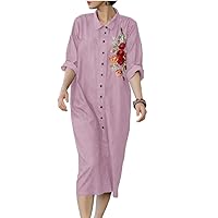 Women Long Shirt Dress Floral Embroidery Summer Buttons Robe Casual Loose Sleeve Dresses