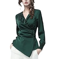 Women' Long Sleeve Irregular Dark EN8 Satin Blouse Crossed V-Neck Shirred Tunic Shirt Autumn Casual Tops