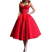 Red Satin Halter Strapless Prom Dresses Summer A Line with Pockets Women's Formal Party Dresses