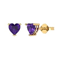 1.0 ct Heart Cut Solitaire Natural Purple Amethyst Pair of Stud Everyday Earrings Solid 18K Yellow Gold Butterfly Push Back