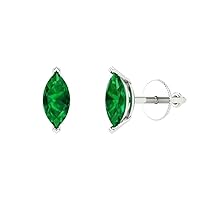 0.9ct Marquise Cut Solitaire Simulated Emerald Unisex Pair of Stud Earrings 14k White Gold Screw Back conflict free