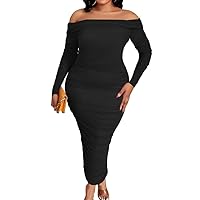DAAWENXI Women's Plus Size Elegant Long Sleeve Off Shoulder Ruched Bodycon Midi Party Dress
