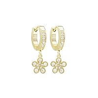 Gold Finish White Cubic Zirconia Dangling Flower Huggie Earrings