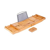 VIVOHOME Expandable 43 Inch Bamboo Bathtub Caddy Tray with Smartphone Tablet Book Holders, Soap Tray, Wine Glass Slot, Natural
