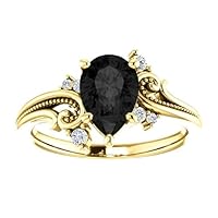 2 CT Vintage Floral Pear Shape Black Diamond Engagement Ring 10K Yellow Gold, Filigree Tear Drop Black Diamond Ring, Elvish Black Onyx Pear Ring, Wedding Ring, Bridal Ring Set