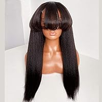 200% Yaki Straight Human Hair Wigs with Bangs Full Machine Made Wig Brazilian Virgin Human Hair Yaki Straight Wig Scalp Top Wig For Black Women Natural Color(20 Inch)