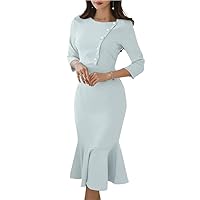 Women Fishtail Dresses Elegant Solid Sleeve Color -Calf Dress Round Neck Party Robes