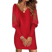 Maxi Dress, Women's Lace Long Sleeve Sweater Dress Sexy Knit Bodycon Mini Dress V Neck Pullover Sweaters Dresses Winter Fall Outfits Red