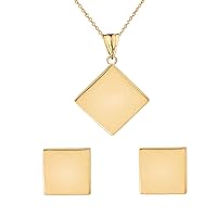 Solid 9 ct Yellow Gold Simple Diamond Shaped Pendant Necklace And Earring Set (Available Chain Length 16