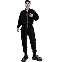 Black Casual Cargo Jumpsuit Men Autumn Hop Loose Long Sleeve Pockets Overalls Mens Sashes Work Rompers