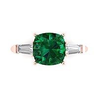 Clara Pucci 3.47ct Cushion Baguette cut 3 stone Solitaire with Accent Simulated Green Emerald designer Statement Ring 14k Rose Gold