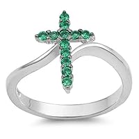 (Emerald) Sterling Silver 925 Pretty Cross Charm Design CZ Stone Rings 15MM Sizes 3-13 (10)