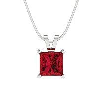 1.55ct Princess Cut Designer Simulated Red Ruby Gem Solitaire Pendant Necklace With 16