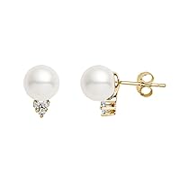 14k Yellow Gold AAAA Quality Japanese White Akoya Cultured Pearl Diamond Stud Earrings for Women - PremiumPearl
