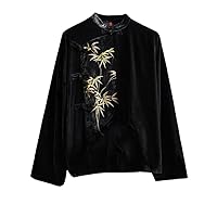 Women Silk Velvet Retro Top Embroidered Handmade Button Blouse 56