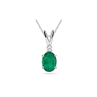 May Birthstone - Natural Oval Cut Diamond Accented Emerald Solitaire Pendant in 14K White Gold from 5x3MM - 8x6MM