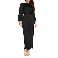 Women's Plain Satin Abaya Dress Round Collar Balloon Sleeve Wrap Waist Slit Maxi Dress Middle Eastern Muslim Gown