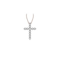 14k Rose Gold timeless cross pendant set with 11 glistening round white diamonds, (1/4 ct t.w, H-I Color, I1 Clarity), hanging on a 18