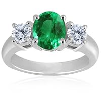 0.05-0.10 Cts Diamond & 0.64-0.82 Cts of 7x5 mm AAA Oval Natural Emerald Classic Three Stone Ring in 18K White Gold