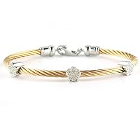 Sterling Silver Flower Diamond Bangle with Rose Color Stainless Steel Cable