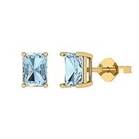 2.0 ct Emerald Cut Solitaire Natural Aquamarine Pair of Stud Everyday Earrings Solid 18K Yellow Gold Butterfly Push Back