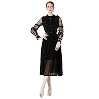 Spring Patchwork Chiffon Pleated Dress Women's Stand Collar Ruffles Long Sleeve Vintage Embroidery Dress