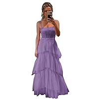 Tiered Tulle Prom Dress for Women Spaghetti Straps Long Evening Dress Sheer Corset Formal Gown Sleeveless