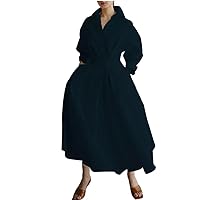 Women' Oversized Elegant Cotton Linen Sundress Lapel Neck Waist Long Sleeve Shirt Dress OL Robe Femme