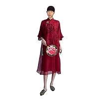 Women's Silk Peony Embroidery Dress Chinese Element Wedding Red Midi Dresses 2723