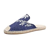 Womens Mules Backless Slip On Linen Knitting Fisherman Shoes Loafers Embroidered Mule Slippers Sandals