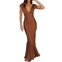 Long Satin Dress,Plunging Neckline Dress Mermaid Backless Evening Gowns Sexy Wedding Guest Dresses for Women 6 Colors