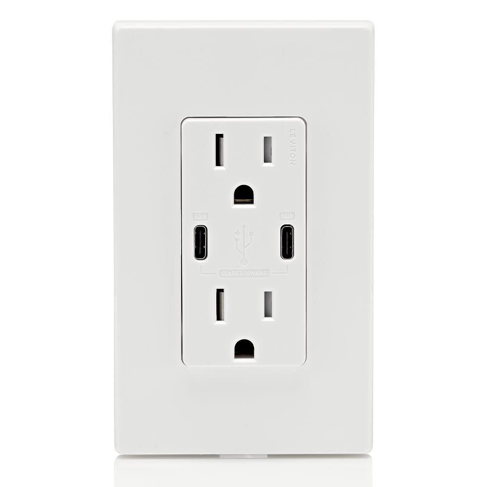 Leviton T5636-W, White 60W (6A) USB Dual Type-C/C Power Delivery Wall Charger with 15A Tamper-Resistant Outlet, 1.4 x 1.73 x 4.04 inches