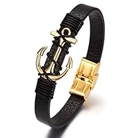 Men Bracelet Bangle with Leather Wristband Black Silver Plated Stainless Steel Anchor and Fashion Nautical Wristband Cuff Connect Bangle for Men Best Gift