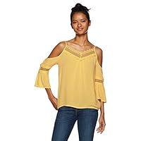 A. Byer Women's Cold Shoulder Bell Sleeve Top with Lace, Mustard, M