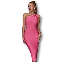Exclusive Women Casual Formal Evening Gown Dress Rosered One Shoulder Bodycon Summer Sexy Wedding Guest Prom Dress