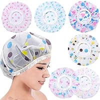 Waterproof Shower Cap Set for Women with Long Hair - 6 Reusable Elastic Caps in Polka Dot Design