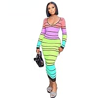 Knitted Sweater Dress Women Striped Print Ladies V Neck Long Sleeve Lace-up Skirts Female Slim Fit