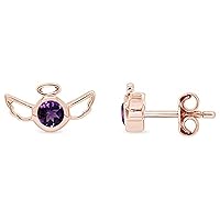 Created Round Cut Purple Amethyst 925 Sterling Silver 14K Gold Over Diamond Angel Wings Stud Earring for Women's & Girl's