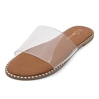 Shoe Land Carlena Womens Flat Sandals Fashion Slides Black White Tan Clear Flat Sandals Open Toe Single Band Dressy Sandal Comfortable Slip on Slippers for Summer