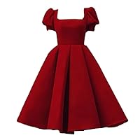 Burgundy Elegant Dress Female Solid Color Square Collar Nail Bead Short Sleeve Medium Long A-line Dress